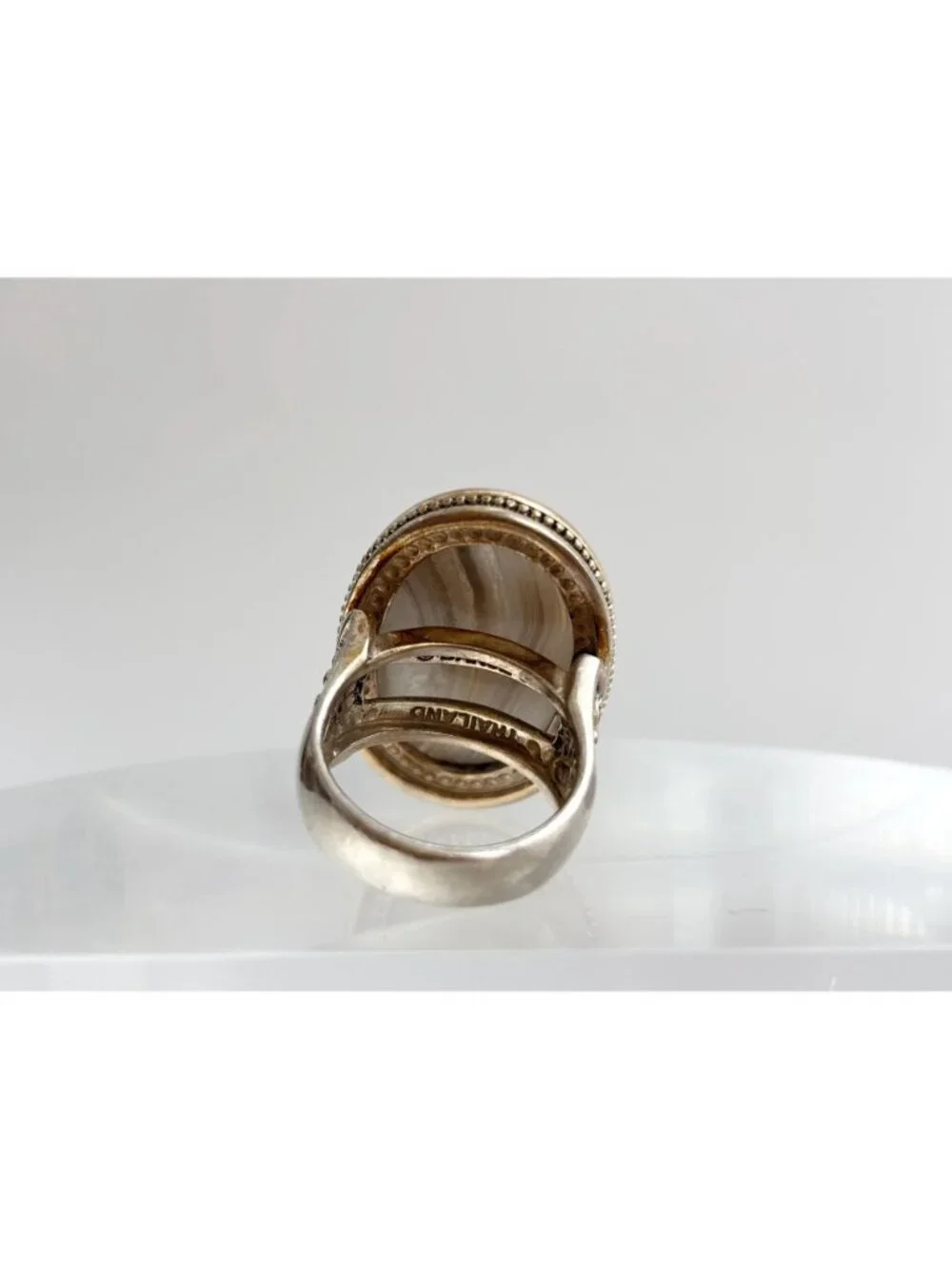 Grey Banded Agate Polished Cabochon Sterling Silver 925 Vintage Ring - sz 8